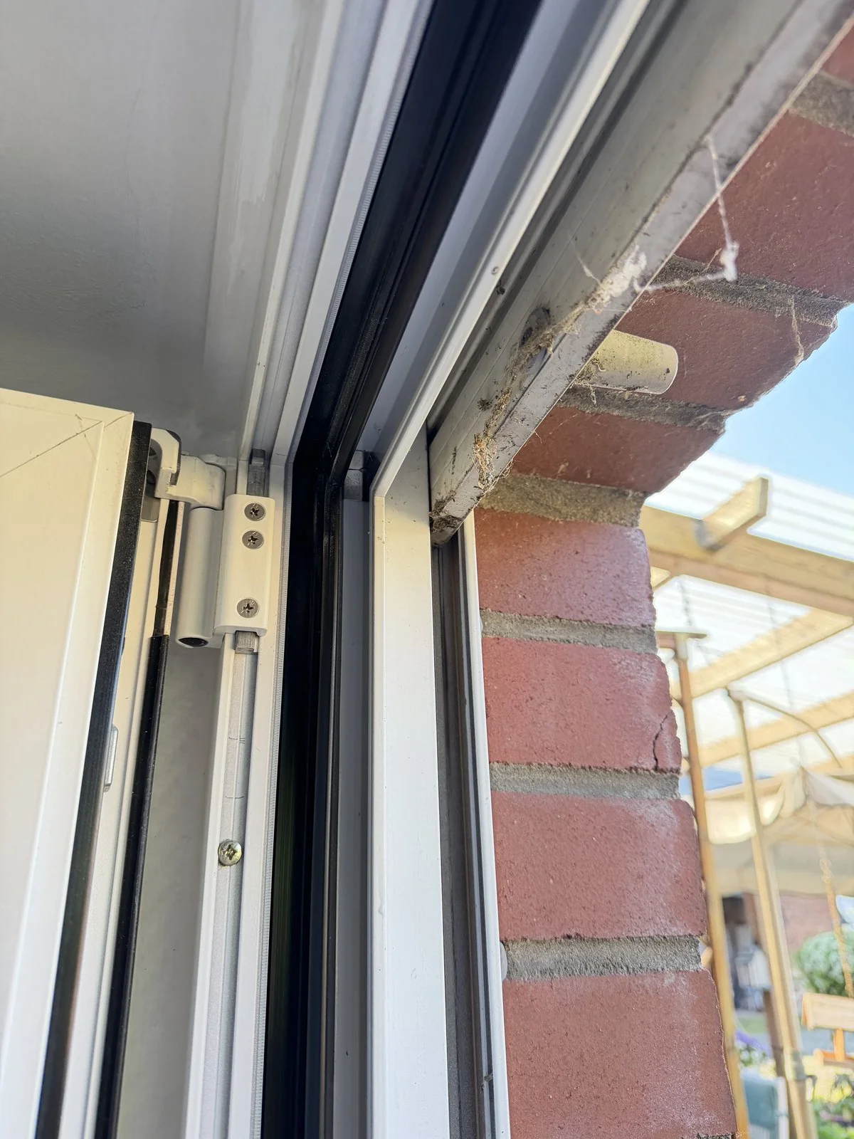 Fensterfalz mit Spinnweben, Insektenresten und tief sitzendem Schmutz vor der professionellen Reinigung in Grevenbroich – typisch bei länger vernachlässigten Fenstern